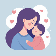 Illustration of mother hugging child with hearts for mother's day celebration art. Happy Mothers Day illustration..