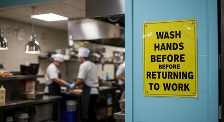 Restaurant Kitchen Scene with Safety Sign Promoting Hand Hygiene