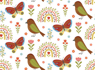 Seamless pattern with butterflies, birds, rainbows and flowers. Cute spring background