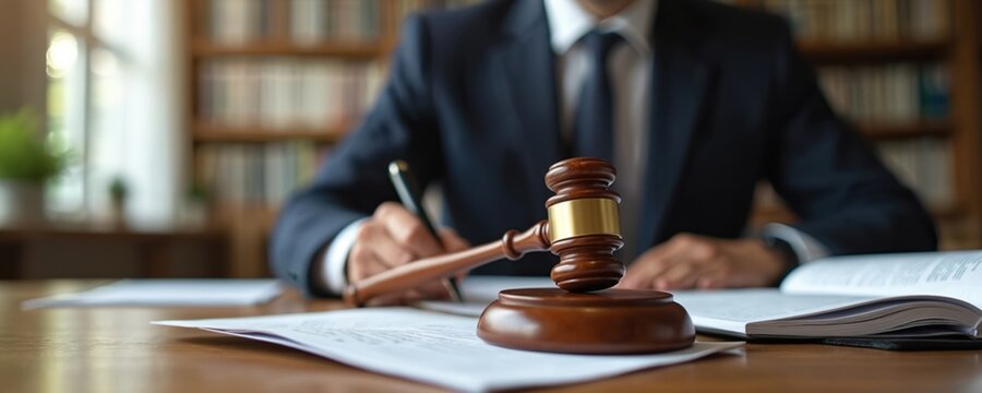 Lawyer works in office. Legal expert in suit reads contract, prepare documents, defend client in court. Judge gavel on table, law concept. Justice, legal system. Professional legal advice. - Powered by Adobe