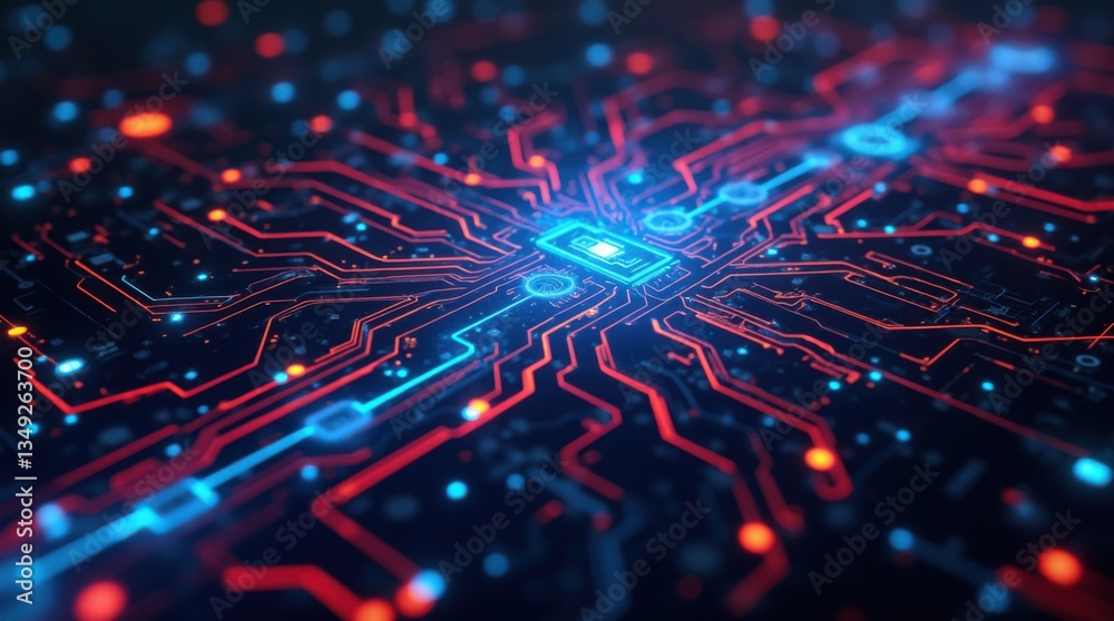 Poster a close-up digital rendering depicts a central microchip emitting vibrant red and blue light trails 