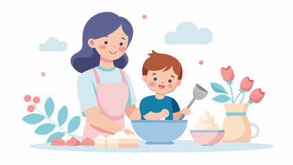 Mother and child baking together illustration for family activity and learning art. Happy Mothers Day illustration..