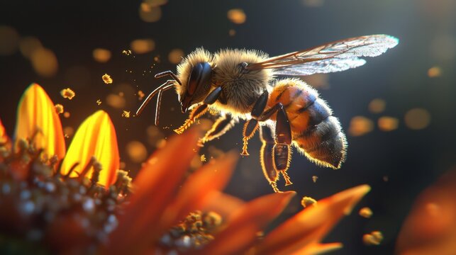 Macro shot of a bee hovering over a sunflower, with visible pollen particles floating in the air.
