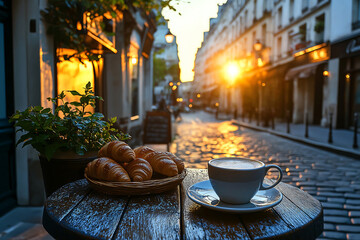 Obraz premium A charming Parisian café at dawn, warm golden light spilling onto cobblestone streets, fresh croissants and coffee on a rustic wooden table, romantic ambiance