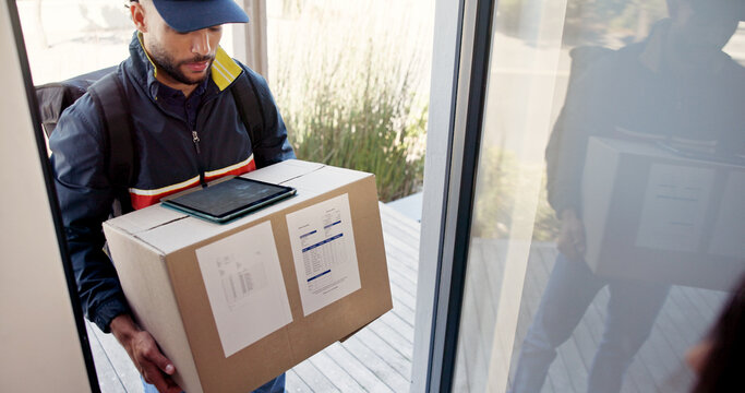 Delivery man, box and person at door with tablet for shipping, courier service and online shopping. Ecommerce, tech and customer in home with package, parcel invoice and digital receipt at doorway