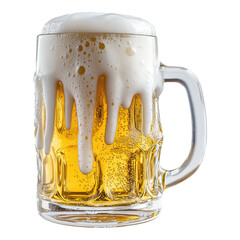 Refreshing mug of golden beer overflowing with frothy white foam celebrating with friends isolated on png transparent background