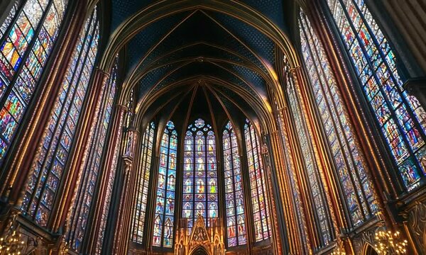 The interior of Sainte-Chapelle, showcasing its vibrant stained glass windows and architectural design.