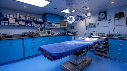 Modern, clean, blue surgical operating room with medical equipment and operating table.