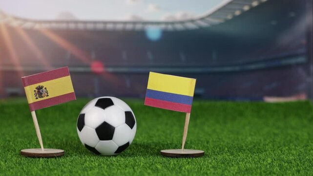 spain and colombia football match with national flags, soccer ball on green field, and stadium background, symbolizing international sports rivalry and teamwork