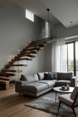 Modern open-plan living area with wooden stairs