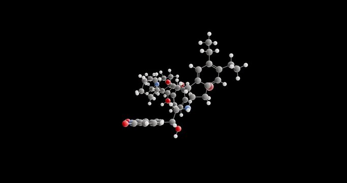 Indacaterol glycopyrronium bromide molecule, rotating 3D model of ultibro breezhaler, looped video on a black background