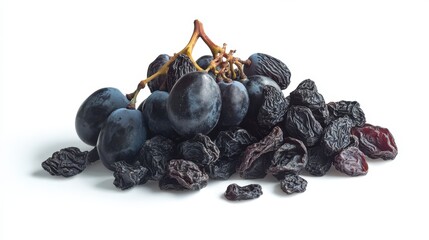 Obraz premium Dark Purple Grapes and Raisins on White Background