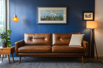 Minimalist interiors, photos of interiors in the living room with blue-finished walls and brown leather sofas. Generative AI
