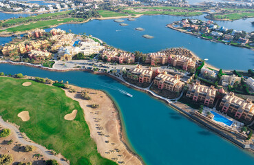 Overview of beautiful El Gouna's Lagoons by the Golf field Red Sea, Egypt