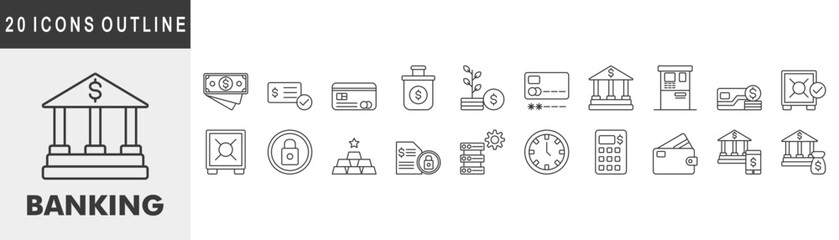 banking icon set collection. Covers cash, check card, credit card, savings, ATM pin, bank. Simple vector outline illustration.