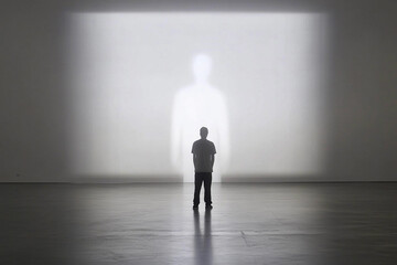 Obraz premium Person stands in an art gallery captivated by a giant light projection in an empty space