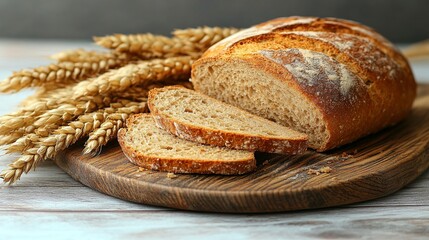 Rustic Loaf of Bread Partially Sliced on a Wooden Board with Wheat Stalks