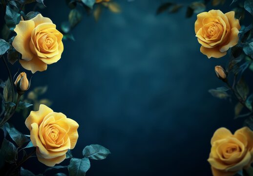 Moody Yellow Roses Frame Dark Blue Background - Powered by Adobe