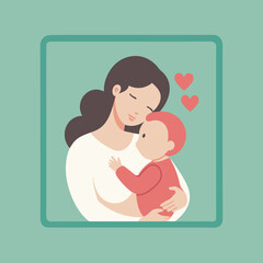 Illustration of mother holding baby with hearts for motherhood love and family art. Happy Mothers Day illustration..