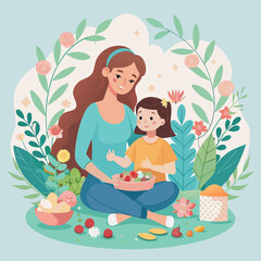 Illustration of mother and daughter enjoying picnic time with fruits and flowers art. Happy Mothers Day illustration..
