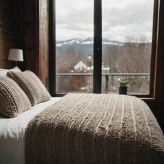 Tranquil bedroom scene featuring a neatly made bed with knitted bedding. Large window reveals a calming mountain landscape, creating a serene and inviting atmosphere.