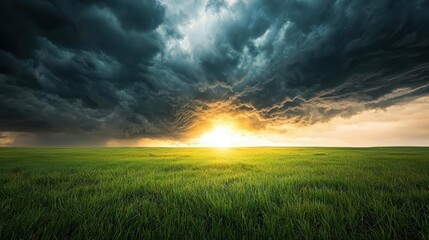 Storm clouds rolling over a grassy plain, dark sky contrasting with golden sunlight breaking through gaps