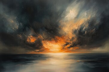 Dramatic sunset over stormy sea, painted sky