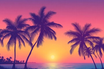 Obraz premium A sunset gradient backdrop in purple, pink, and orange colors with palm tree silhouettes, radiating a vaporwave aesthetic.
