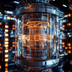 Futuristic quantum energy core inside high-tech glass chamber. Sci-fi technology, artificial intelligence, and advanced computing concept