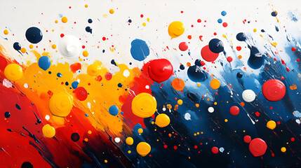 A vibrant explosion of color, a joyful dance of reds, yellows, and blues, creating a dynamic and energetic abstract masterpiece with bold paint splatters.
