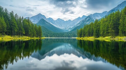 Fototapeta premium Scenic mountain reservoir with calm water reflecting surrounding peaks, pine forests lining the banks