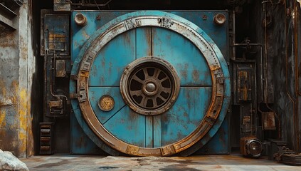 Fototapeta premium Rusty Circular Vault Door in Industrial Setting