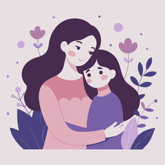 Mother and daughter vector illustration for family love and care graphic design art. Happy Mothers Day illustration..