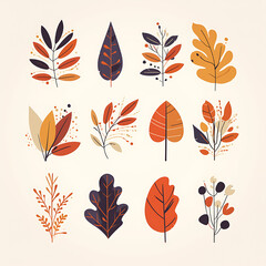 Fototapeta premium .Illustration of trees, leaves, grass and various botanical elements on a white background.