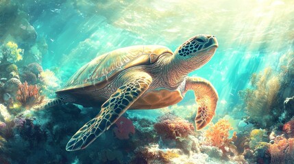 Fototapeta premium Sea turtle swimming coral reef sunlight ocean nature