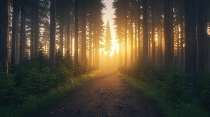 Obraz premium Golden sunrise over a tranquil forest path, soft light filtering through tall trees and misty air