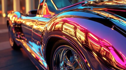 Chrome classic car, city reflection, sunset, automotive advert