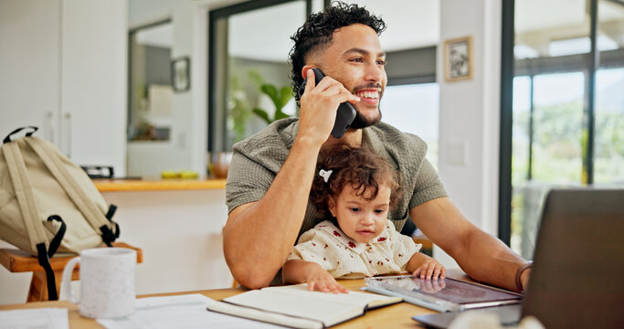 Happy, baby or dad with phone call or laptop for remote work, freelance or business in home. Talking, single parent or father juggling parenting task for project deadline, planning or multitasking