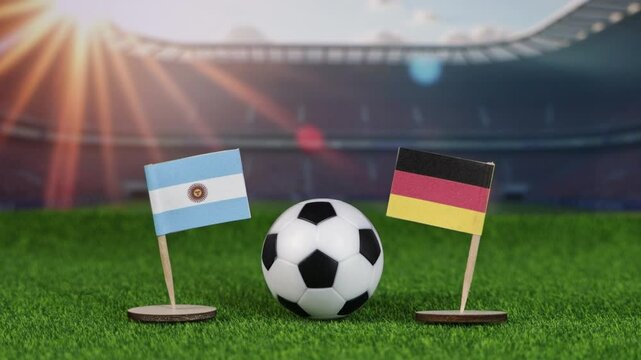 germany vs argentina football rivalry with national flags, soccer ball on green field, and stadium background, symbolizing world cup history. zoom