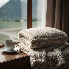 Knitted blanket neatly folded with a cup of coffee on a wooden surface near a window, overlooking a scenic landscape. The setting evokes a sense of warmth and tranquility.