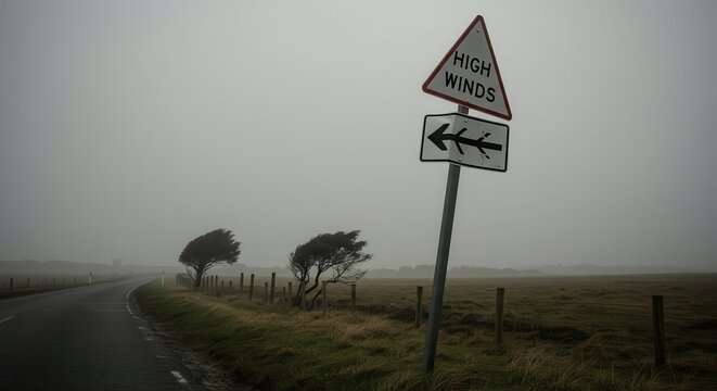 Driving Along Road with High Winds Sign and Bent Trees - Powered by Adobe