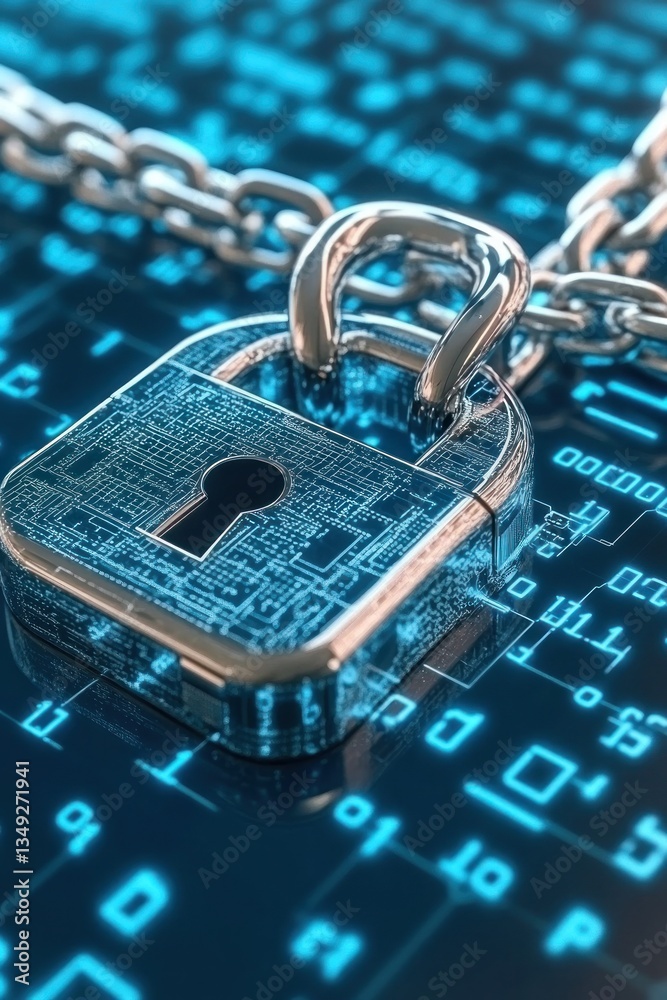 Poster digital padlock secured with chains against a backdrop of binary code