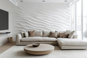 Minimalist Interior Interior Design of a living room with curved white walls and a sofa and coffee table. Generative AI
