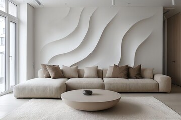 Minimalist Interior Interior Design of a living room with curved white walls and a sofa and coffee table. Generative AI

