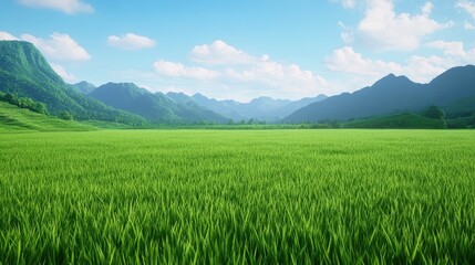 Fototapeta premium A serene landscape featuring lush green fields, rolling hills, and a clear blue sky with scattered clouds.