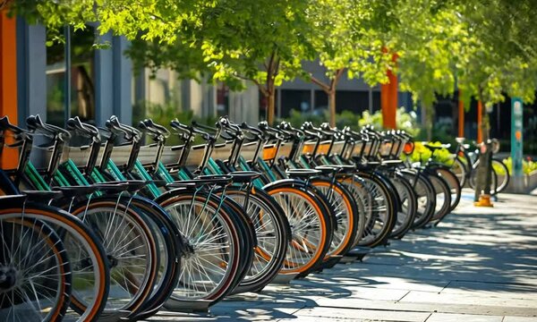A row of city bikes parked in a shaded area beside a rental station.