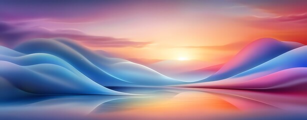 A stunning sunset over smooth waves of vibrant colors reflecting on a calm surface.