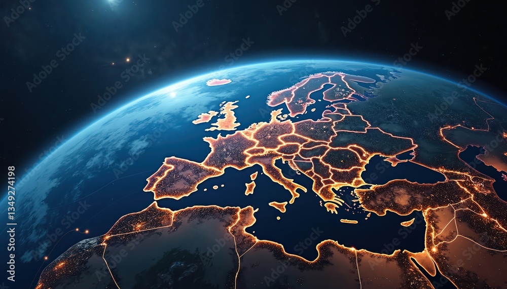 Poster stunning view of earth from space. europe highlighted by glowing city lights. digital network connec