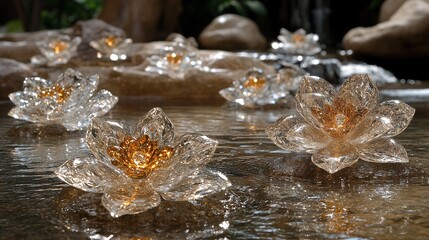 Crystal Lotus Flower Sculptures with Illuminated Gold Centers