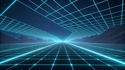 A futuristic grid landscape with a glowing horizon and starry sky.